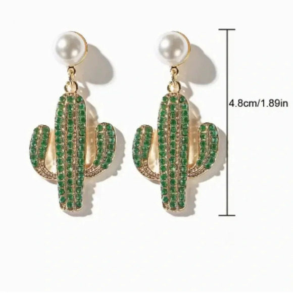 Green Cactus Dangle Earrings With Rhinestones, Stainless Steel Stud post - Picture 2 of 2
